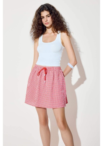 A Kesim Kareli Normal Bel Gofre Dokulu Mini Etek F7155AX25SM