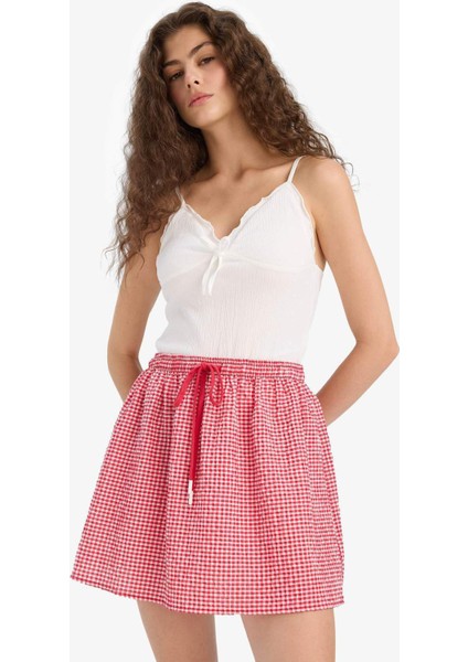 A Kesim Kareli Normal Bel Gofre Dokulu Mini Etek F7155AX25SM