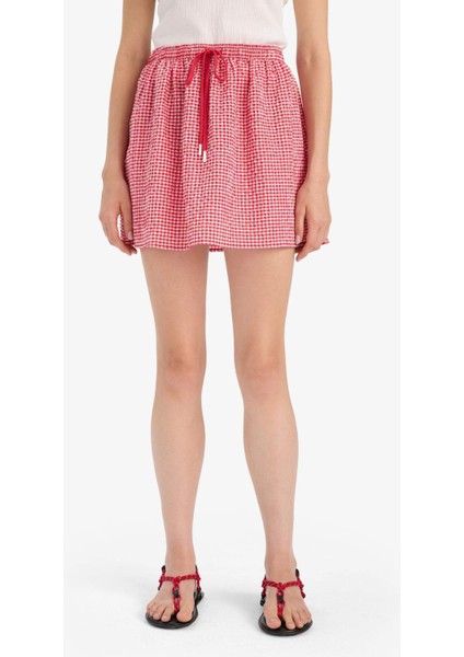 A Kesim Kareli Normal Bel Gofre Dokulu Mini Etek F7155AX25SM