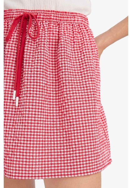 A Kesim Kareli Normal Bel Gofre Dokulu Mini Etek F7155AX25SM