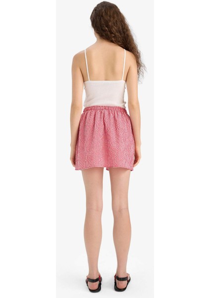 A Kesim Kareli Normal Bel Gofre Dokulu Mini Etek F7155AX25SM