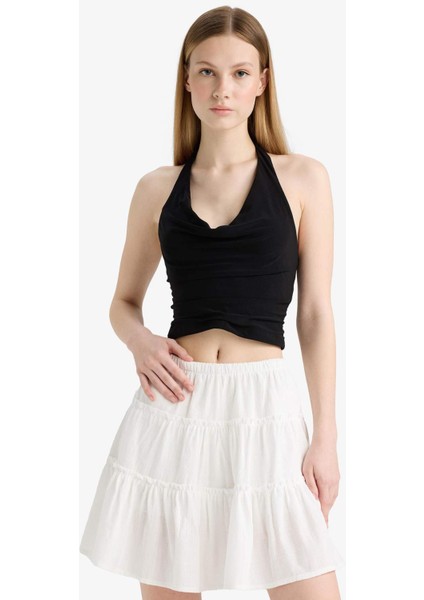 Coool Yüksek Bel Penye Astar Keten Görünümlü Mini Etek F7231AX25HS