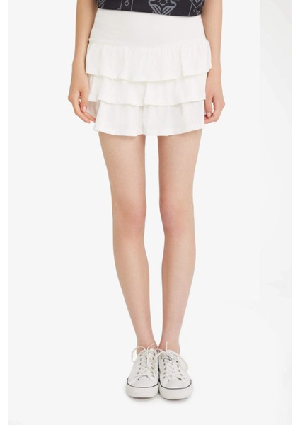 Coool Normal Bel Volanlı Penye Astar Beyaz Mini Etek F7179AX25SM