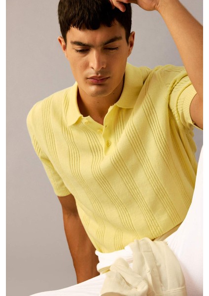 %100 Pamuk Polo Yaka Kısa Kollu Triko Tişört F7133AX25SM