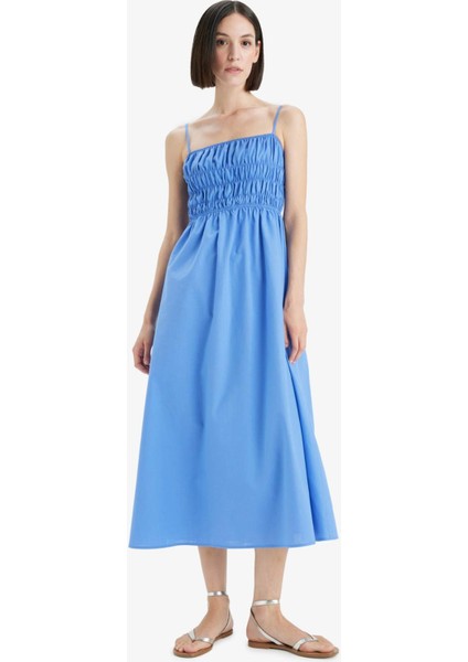 Kare Yaka Keten Görünümlü Gipeli Askılı Midi Elbise F7070AX25SM