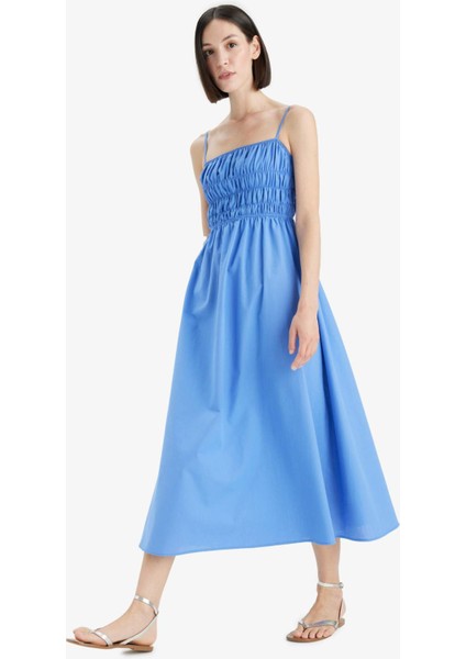 Kare Yaka Keten Görünümlü Gipeli Askılı Midi Elbise F7070AX25SM