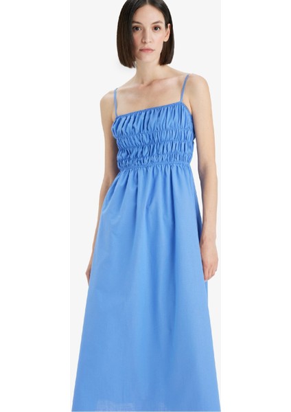 Kare Yaka Keten Görünümlü Gipeli Askılı Midi Elbise F7070AX25SM