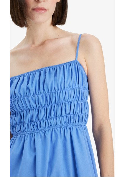 Kare Yaka Keten Görünümlü Gipeli Askılı Midi Elbise F7070AX25SM