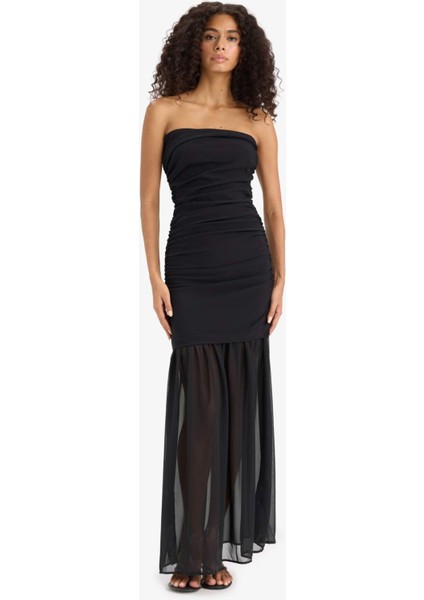 Straplez Şifon Siyah Midi Elbise F7249AX25SM