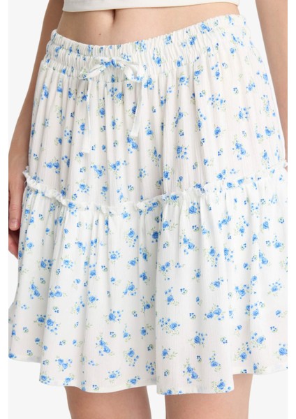 Coool Çiçek Desenli Yüksek Bel Penye Astar Krinkıl Viskon Mini Etek F7223AX25HS