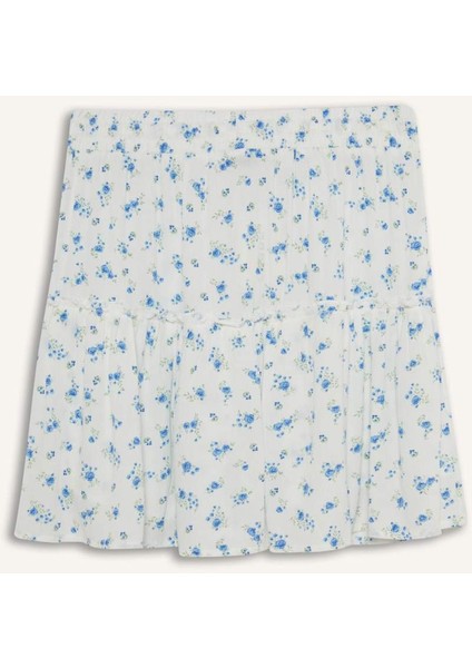 Coool Çiçek Desenli Yüksek Bel Penye Astar Krinkıl Viskon Mini Etek F7223AX25HS