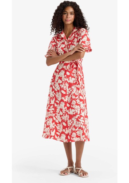 Gömlek Yaka Çiçek Desenli Kuşaklı Modal Kısa Kollu Midi Elbise F7244AX25SM