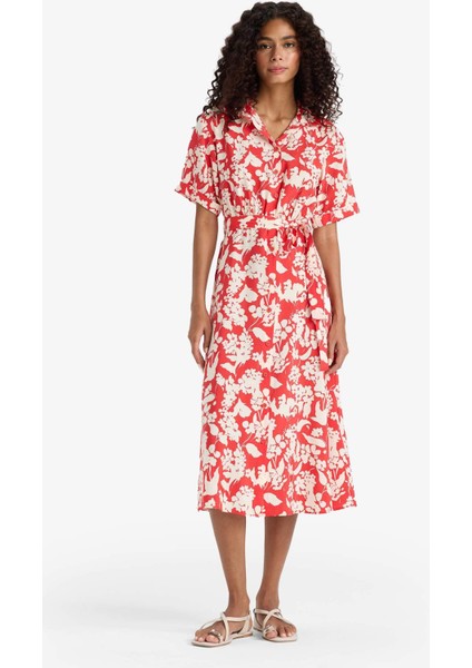 Gömlek Yaka Çiçek Desenli Kuşaklı Modal Kısa Kollu Midi Elbise F7244AX25SM