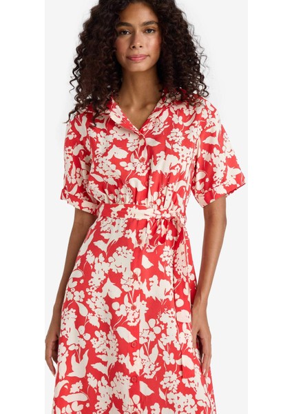 Gömlek Yaka Çiçek Desenli Kuşaklı Modal Kısa Kollu Midi Elbise F7244AX25SM