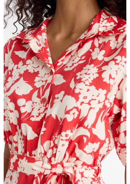 Gömlek Yaka Çiçek Desenli Kuşaklı Modal Kısa Kollu Midi Elbise F7244AX25SM