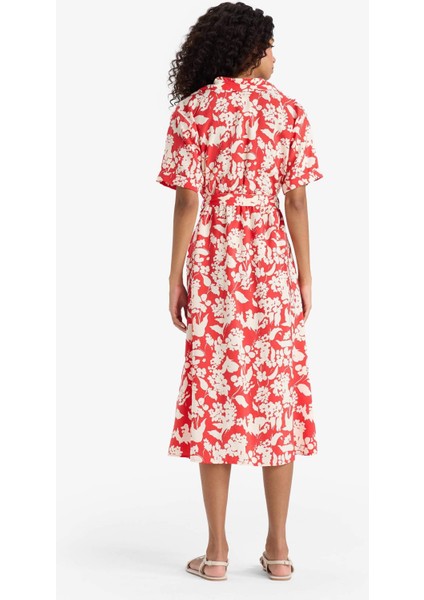 Gömlek Yaka Çiçek Desenli Kuşaklı Modal Kısa Kollu Midi Elbise F7244AX25SM