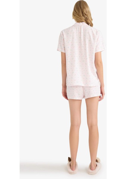 Regular Fit Pijama Takımı Kısa Kollu Viskon Üst Şort-Fall in Love F6986AX25AU