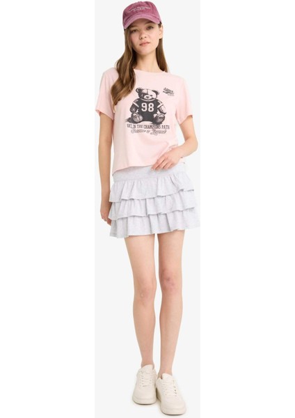 Coool Normal Bel Volanlı Penye Astar Beyaz Mini Etek