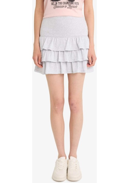 Coool Normal Bel Volanlı Penye Astar Beyaz Mini Etek