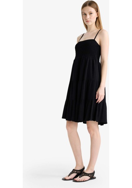 Coool Askılı Krinkıl Kumaş Siyah Mini Elbise F7225AX25SM