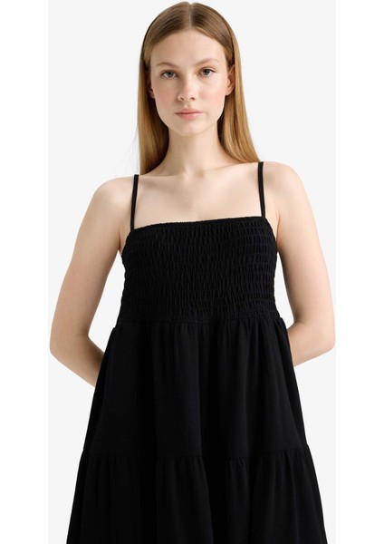 Coool Askılı Krinkıl Kumaş Siyah Mini Elbise F7225AX25SM