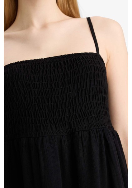 Coool Askılı Krinkıl Kumaş Siyah Mini Elbise F7225AX25SM