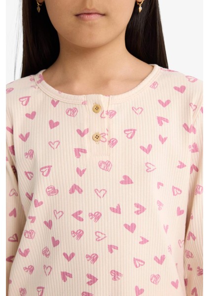 Kız Çocuk Pijama Takımı Fitilli Kaşkorse Kalp Desenli Uzun Kollu Üst Uzun Alt F7276A825AU