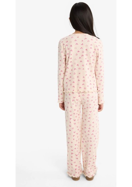 Kız Çocuk Pijama Takımı Fitilli Kaşkorse Kalp Desenli Uzun Kollu Üst Uzun Alt F7276A825AU