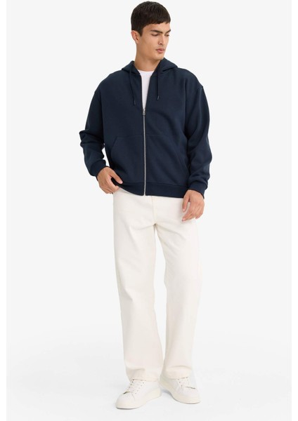 Comfort Fit Kapüşonlu İçi Yumuşak Tüylü Basic Düz Cepli Kalın Fermuarlı Sweatshirt D7599AX25AU