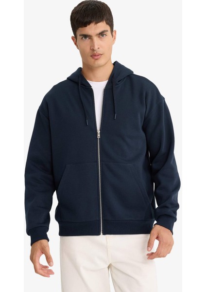 Comfort Fit Kapüşonlu İçi Yumuşak Tüylü Basic Düz Cepli Kalın Fermuarlı Sweatshirt D7599AX25AU