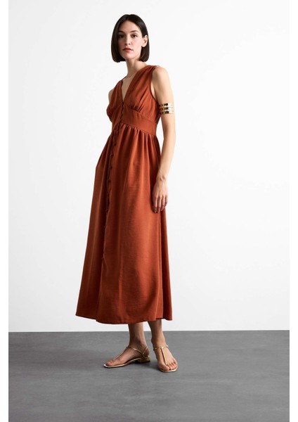 V Yaka Düğmeli Kolsuz Maxi Elbise F7453AX25HS