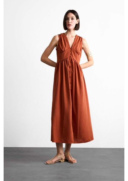 V Yaka Düğmeli Kolsuz Maxi Elbise F7453AX25HS