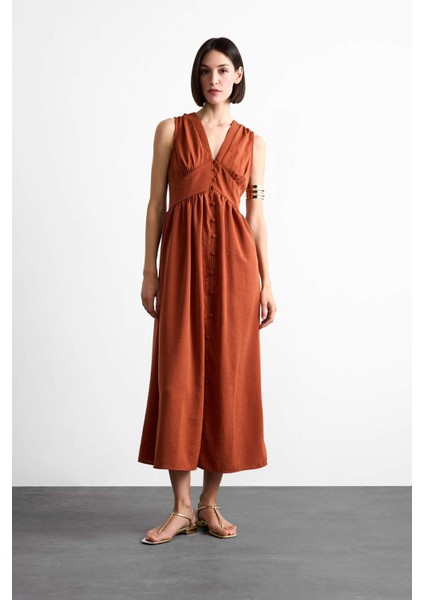 V Yaka Düğmeli Kolsuz Maxi Elbise F7453AX25HS