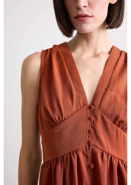 V Yaka Düğmeli Kolsuz Maxi Elbise F7453AX25HS