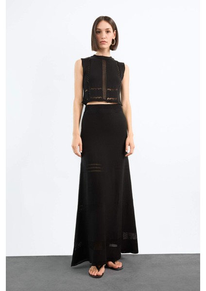 2'li Kroşe Triko Takım Bisiklet Yaka Kolsuz Bluz Beli Lastikli Maxi Etek F7466AX25HS