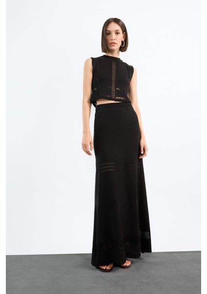 2'li Kroşe Triko Takım Bisiklet Yaka Kolsuz Bluz Beli Lastikli Maxi Etek F7466AX25HS