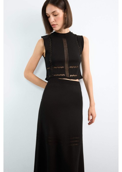 2'li Kroşe Triko Takım Bisiklet Yaka Kolsuz Bluz Beli Lastikli Maxi Etek F7466AX25HS