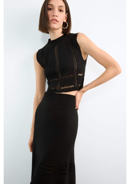 2'li Kroşe Triko Takım Bisiklet Yaka Kolsuz Bluz Beli Lastikli Maxi Etek F7466AX25HS