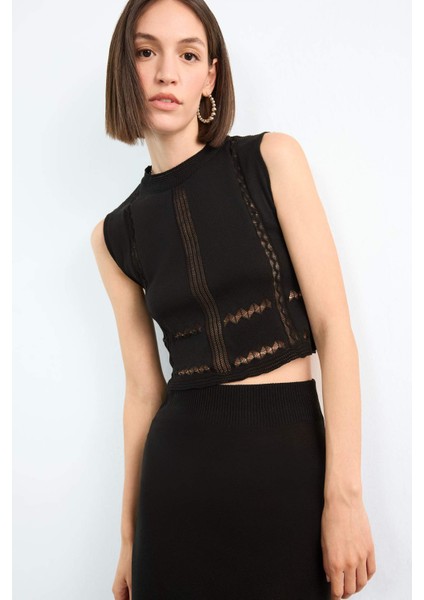 2'li Kroşe Triko Takım Bisiklet Yaka Kolsuz Bluz Beli Lastikli Maxi Etek F7466AX25HS