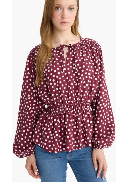 Regular Fit Bisiklet Yaka Puantiyeli Uzun Kollu Bluz E9920AX25AU