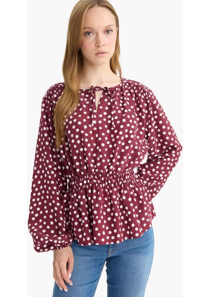 Regular Fit Bisiklet Yaka Puantiyeli Uzun Kollu Bluz E9920AX25AU