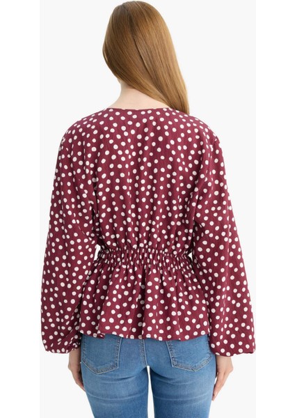 Regular Fit Bisiklet Yaka Puantiyeli Uzun Kollu Bluz E9920AX25AU