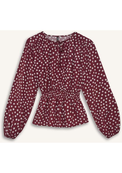 Regular Fit Bisiklet Yaka Puantiyeli Uzun Kollu Bluz E9920AX25AU