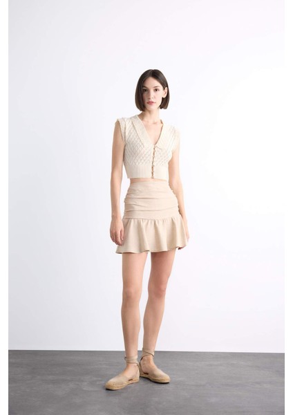 Keten Volanlı Mini Şort Etek