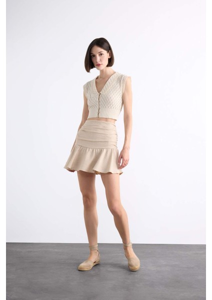 Keten Volanlı Mini Şort Etek
