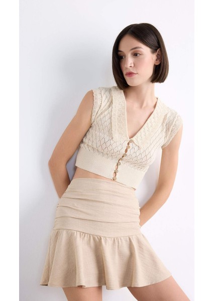 Keten Volanlı Mini Şort Etek