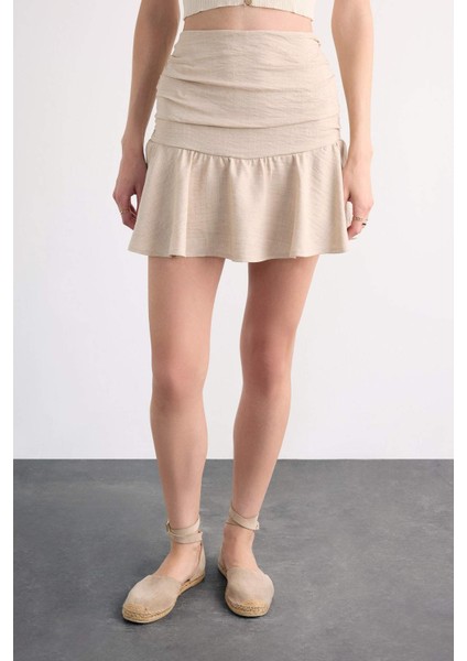 Keten Volanlı Mini Şort Etek