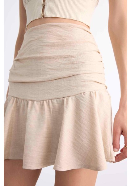 Keten Volanlı Mini Şort Etek