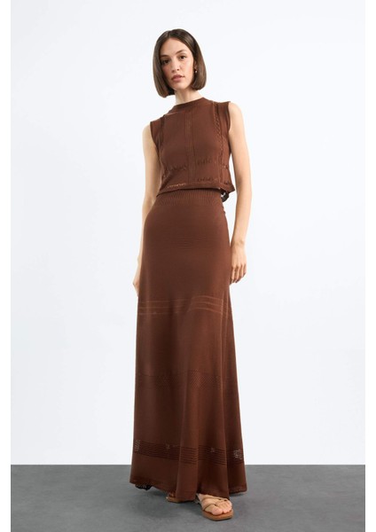 2'li Kroşe Triko Takım Bisiklet Yaka Kolsuz Bluz Beli Lastikli Maxi Etek F7466AX25HS