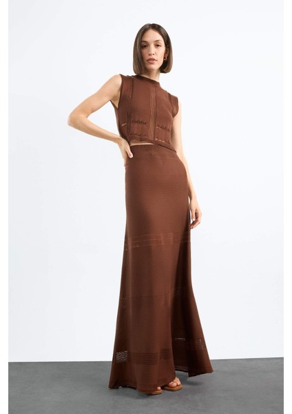 2'li Kroşe Triko Takım Bisiklet Yaka Kolsuz Bluz Beli Lastikli Maxi Etek F7466AX25HS